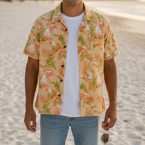 MANGO MOON Men’s Tropical Ombré Monstera Leaf Print Casual Button Down Shirt